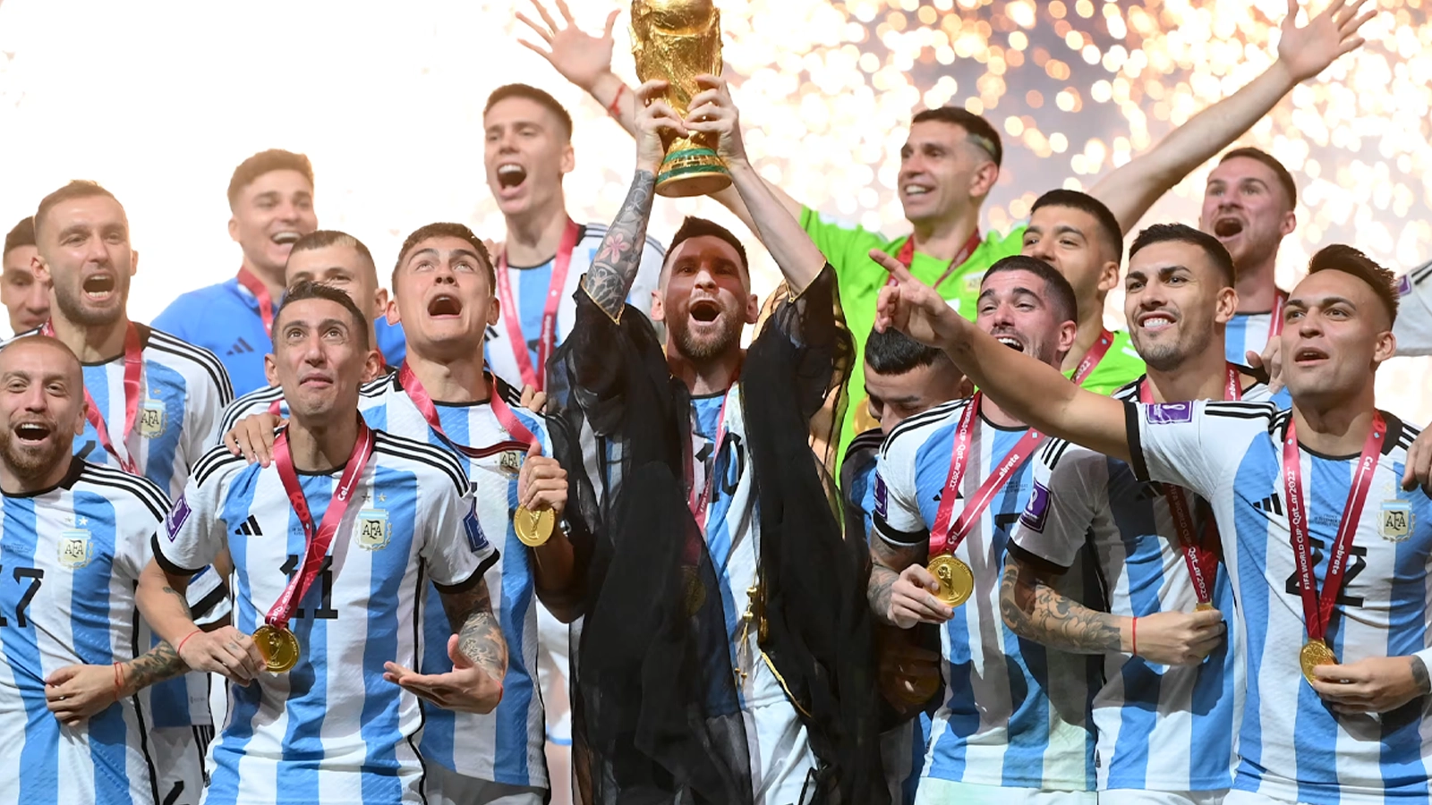 World Cup stadium with city skyline and fan zone