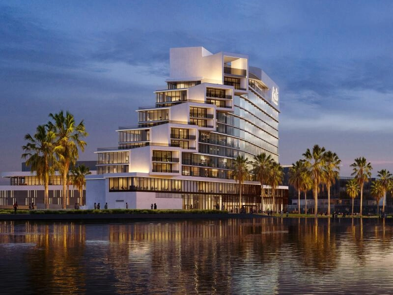 Modern five-star hotel lobby near a stadium